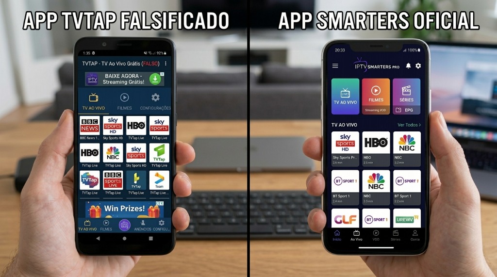 Comparação lado a lado entre o aplicativo TVTap falsificado com malware e a interface oficial segura do IPTV Smarters Pro