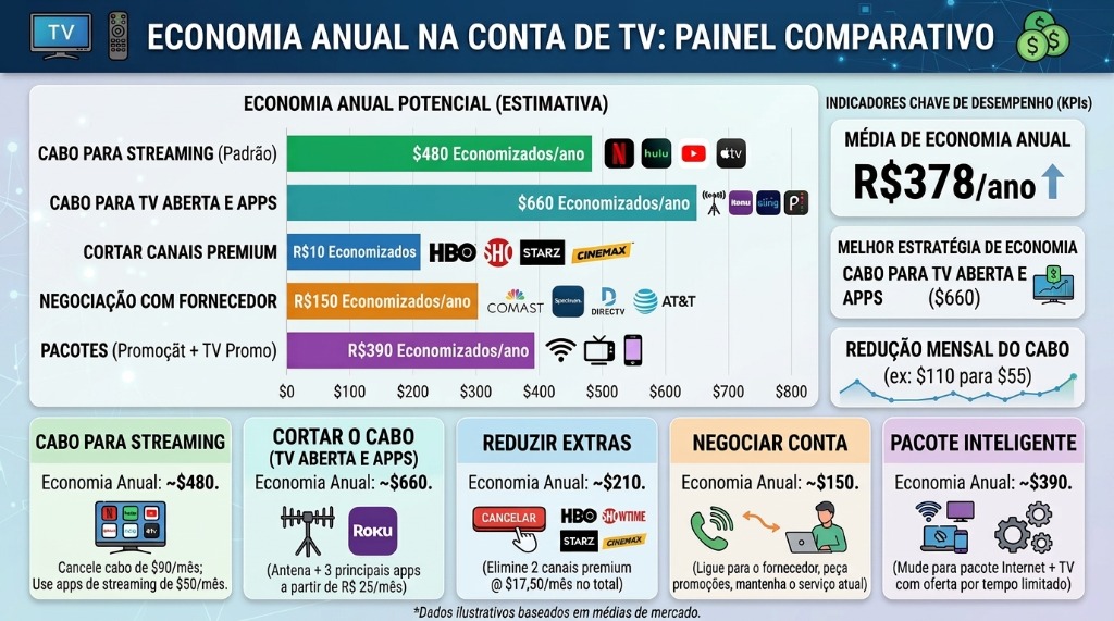 Gráfico e painel comparativo ilustrando a economia anual na fatura da TV ao optar por pacotes TV mais baratos em Portugal