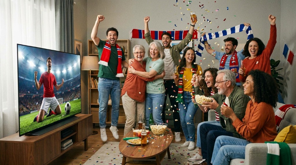 Família e amigos a sorrir e festejar um golo
