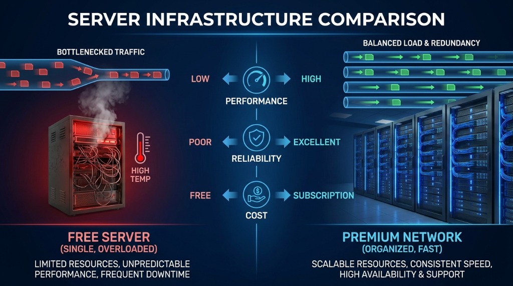 Infográfico comparando um servidor grátis a arder vs. uma rede de servidores Premium organizados