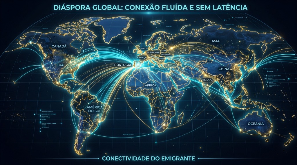 Mapa mundo estilizado com linhas de ligação a brilhar em direção a Portugal simbolizando emigrantes conectados sem latência