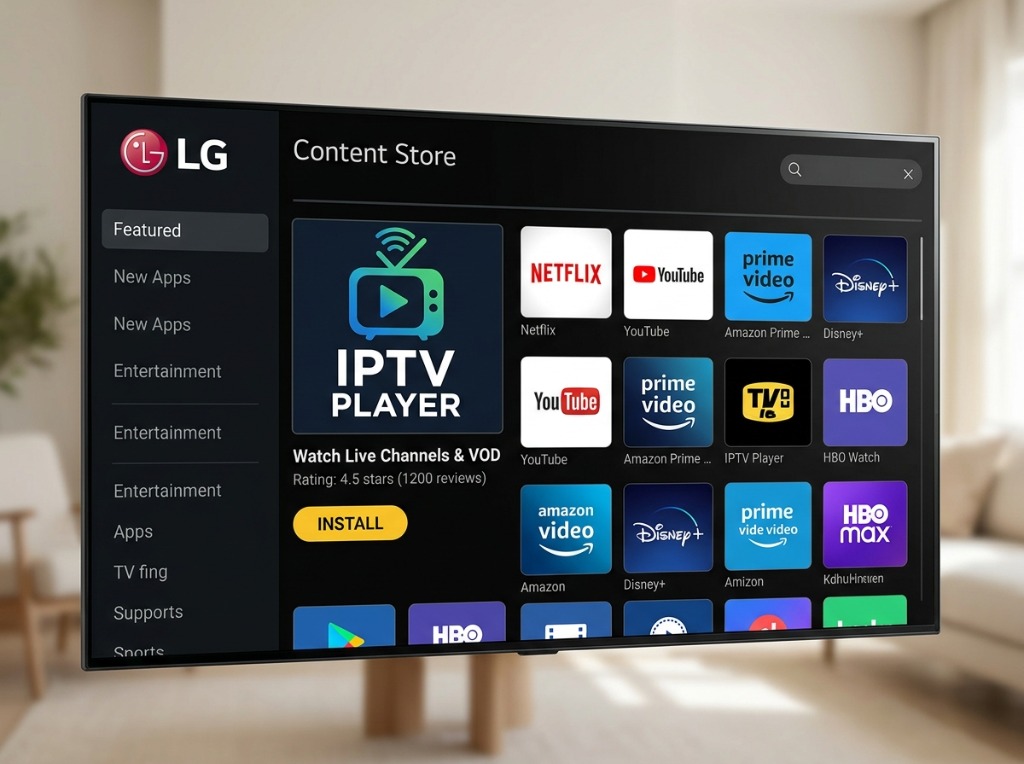 Menu da loja de aplicações LG Content Store webOS a pesquisar e instalar um leitor IPTV